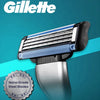 Close-up of a Gillette Nano Grade Steel Blades shaving razor with a silver and blue design.