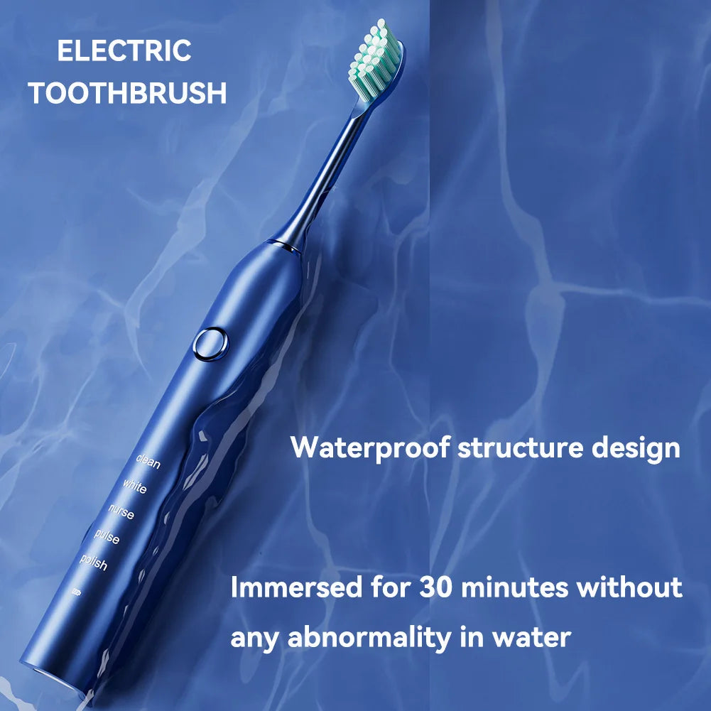 A blue electric toothbrush immersed in water, highlighting its waterproof structure design.