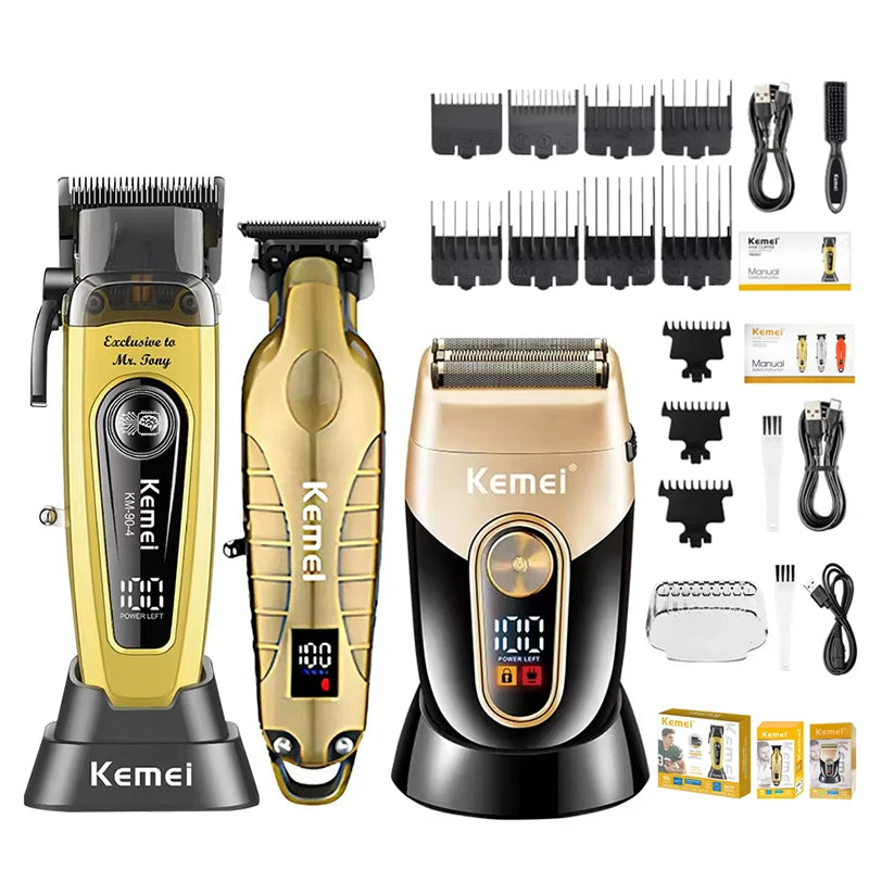 A set of Kemel professional rechargeable electric hair clippers and grooming tools displayed on a white background.
