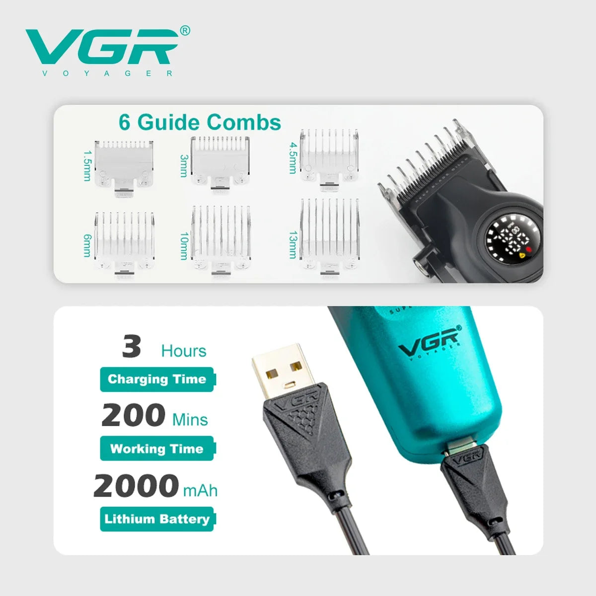 VGR professional cordless hair clipper showing guide combs and a lithium battery with charging time specifications