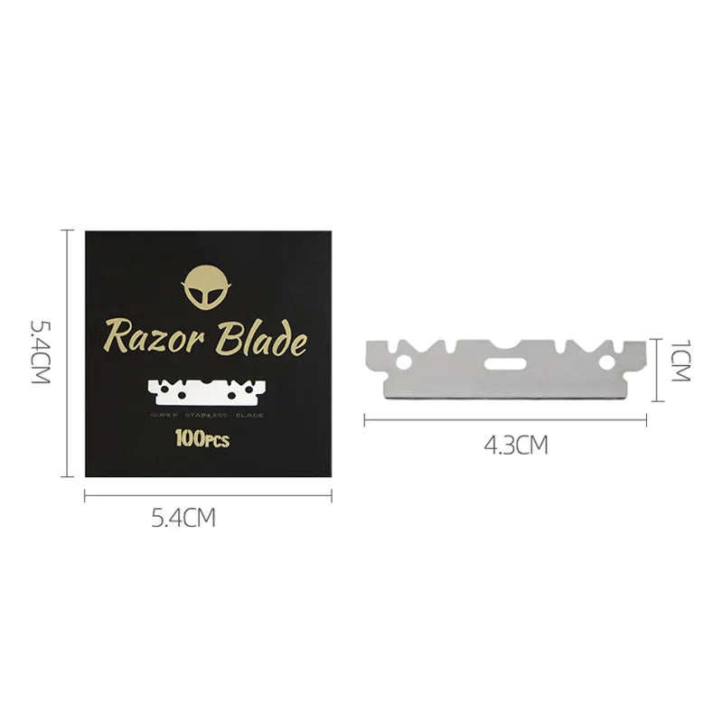 A rectangular package of 100 stainless steel single-sided razor blades with dimensions 5.4cm by 1cm.