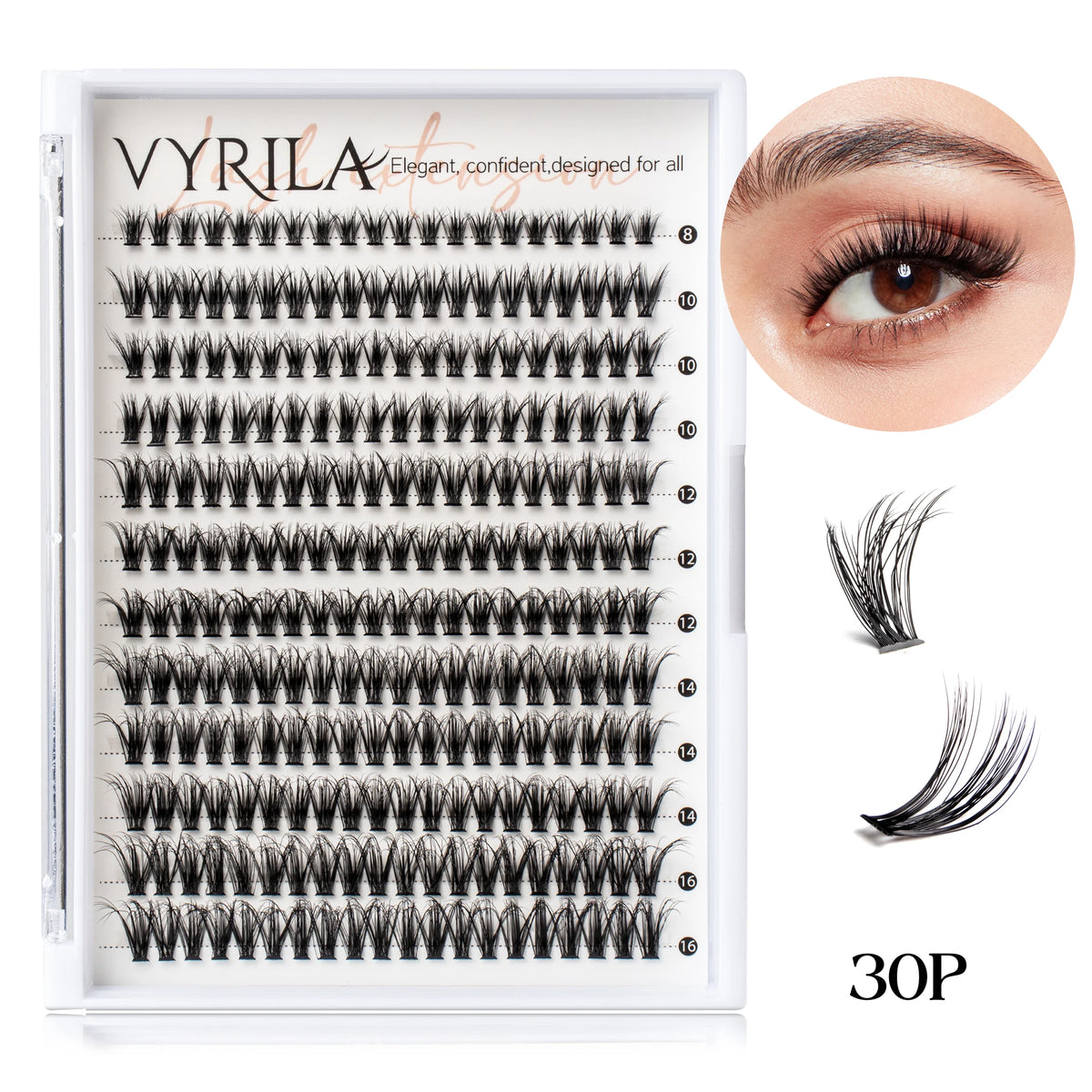 A display of 30 pairs of ultra-fine wispy eyelash clusters for application.