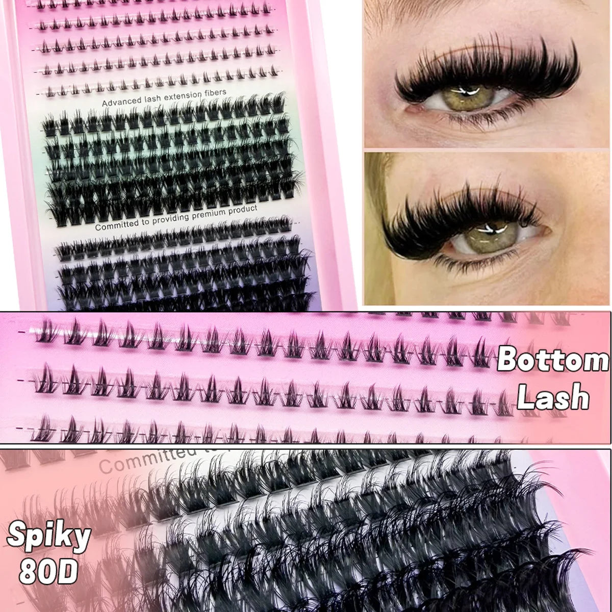 Gros plan d'un ensemble de cils pointus montrant diverses extensions et un regard naturel.