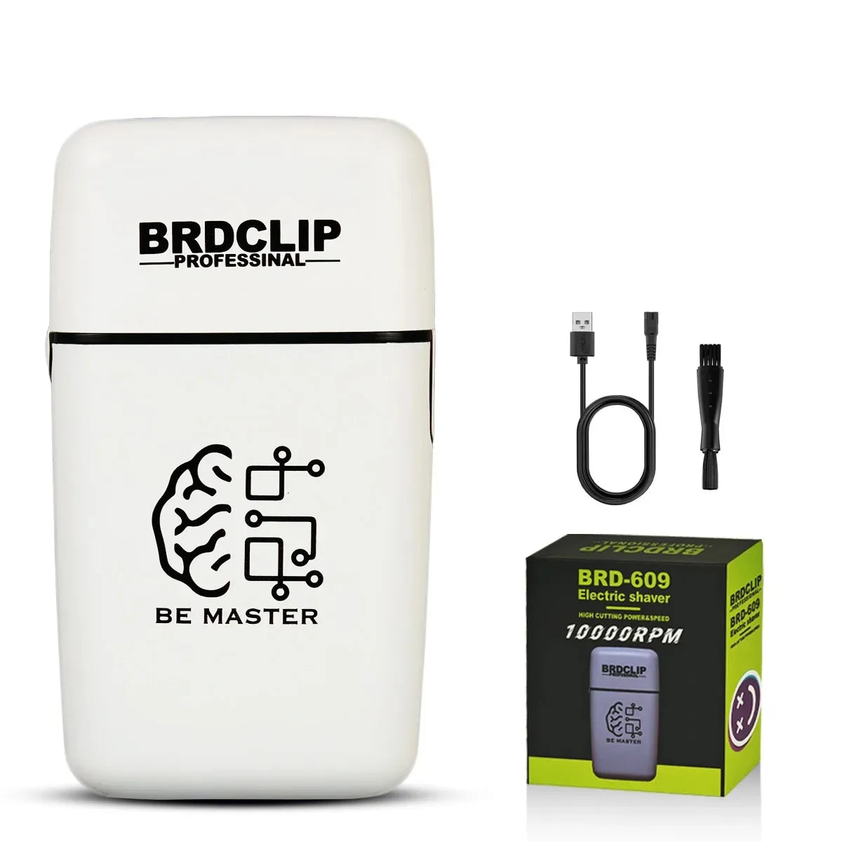 A white BRDCLIP professional electric shaver with a black charging cable and a box.