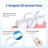 Y Shaped 3D dental floss shown with a pink tooth model, demonstrating deep cleaning and pressure control.