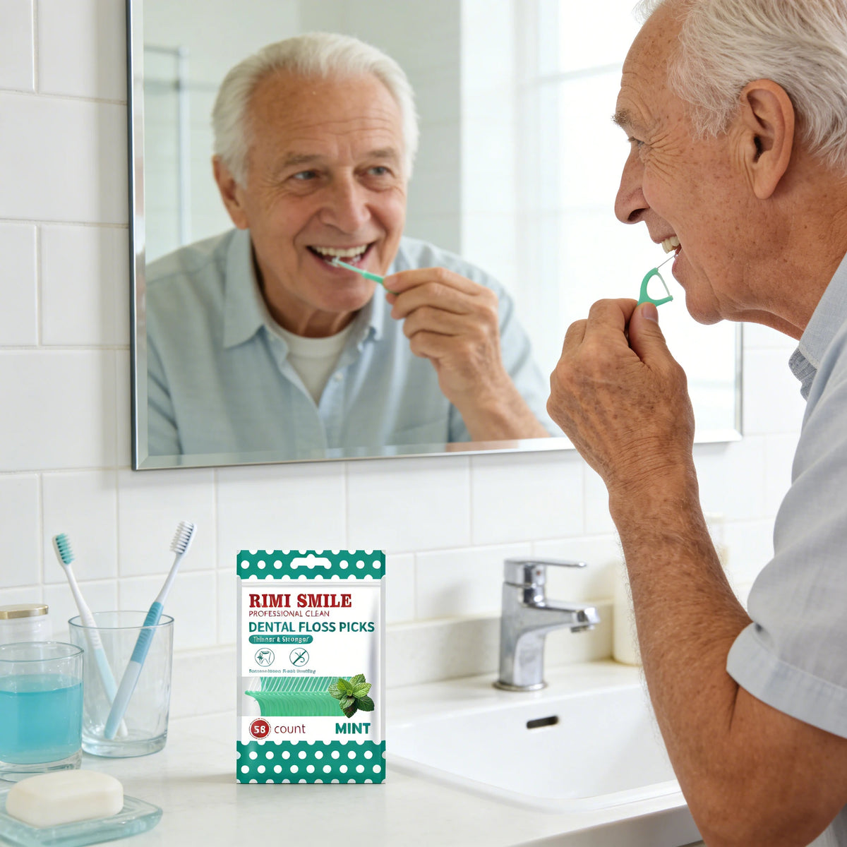 A man is using mint flavor dental floss picks from a green case while looking in a mirror.