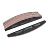 A set of professional nail files with multiple grits packaged in a black and red striped cardboard roll.