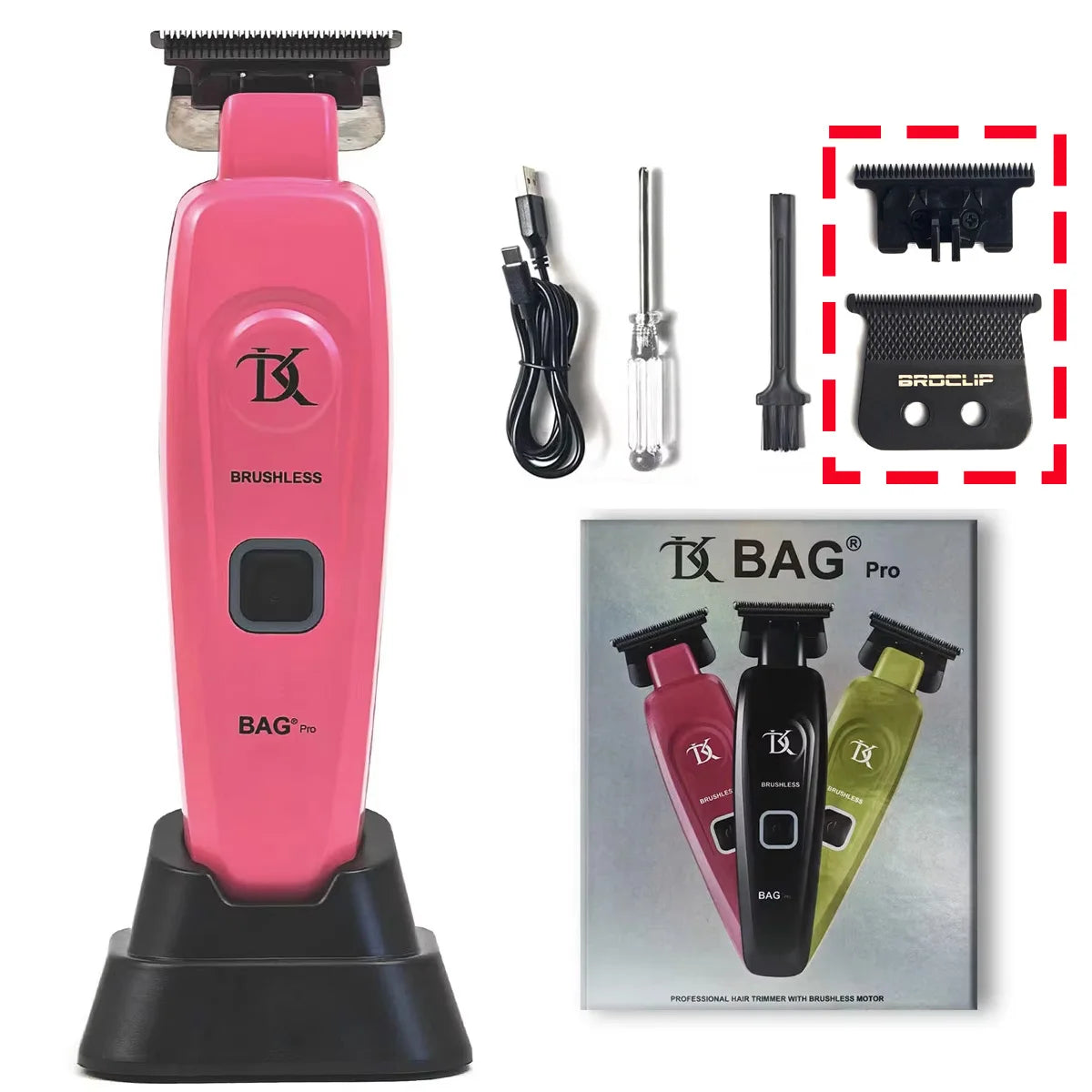 A pink and black professional rotary hair trimmer kit with various attachments shown on a white background.