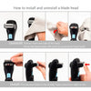 Instructions showing how to install and uninstall a blade head of a folding back shaver.