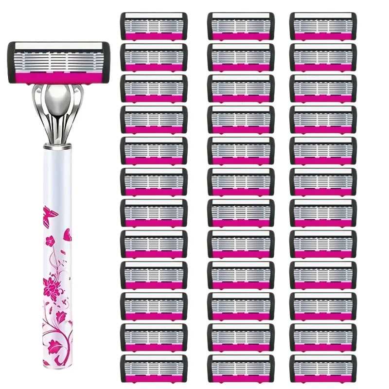 A set of 12 pink and black multi-layer body hair removal razors arranged in a grid.