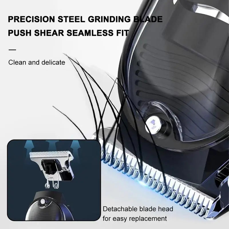 Close-up of a precision steel grinding blade attachment for a cordless hair clipper showing its serrated teeth and detachable