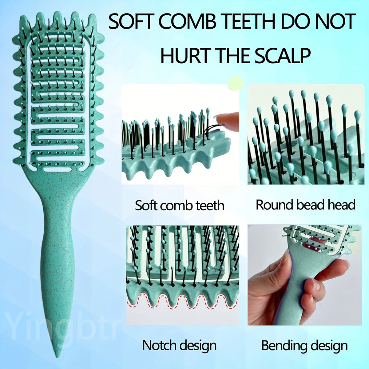 A teal professional curl define styling brush showing various features like soft comb teeth, round bead head, notch design, a