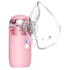 A pink portable mesh nebulizer device with a clear mask component shown from the side.