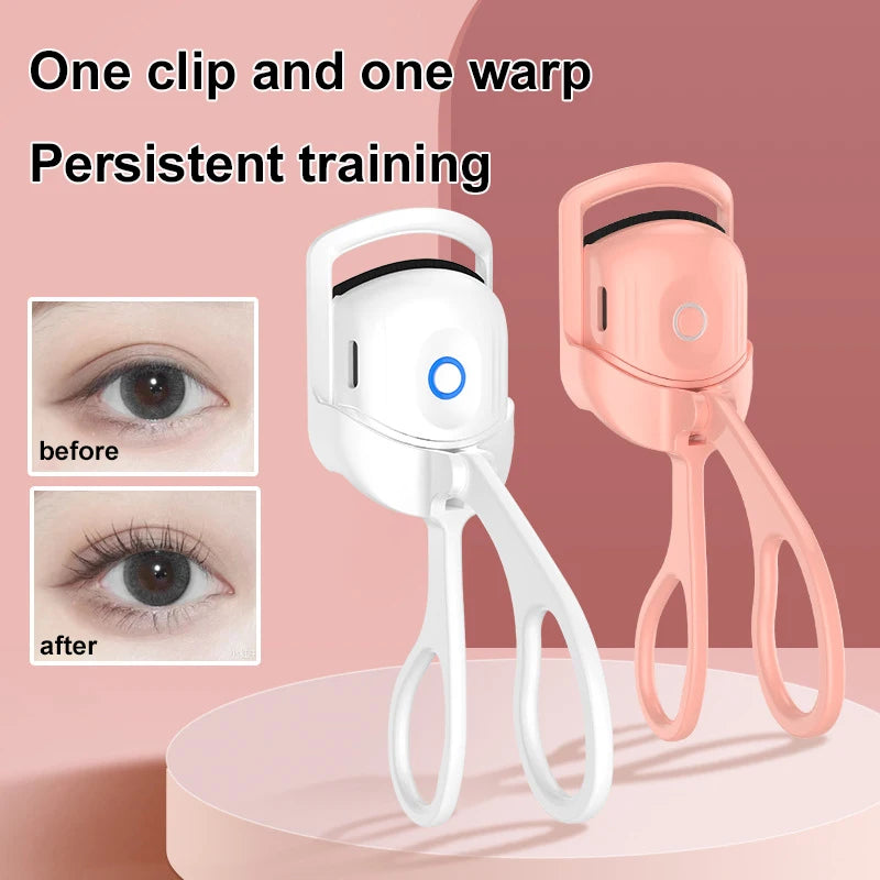 A white electric heated eyelash curler and a pink version are shown with before and after results.