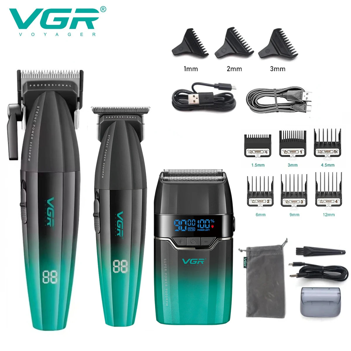 A set of VGR professional cordless hair trimmers, including various guards and accessories.