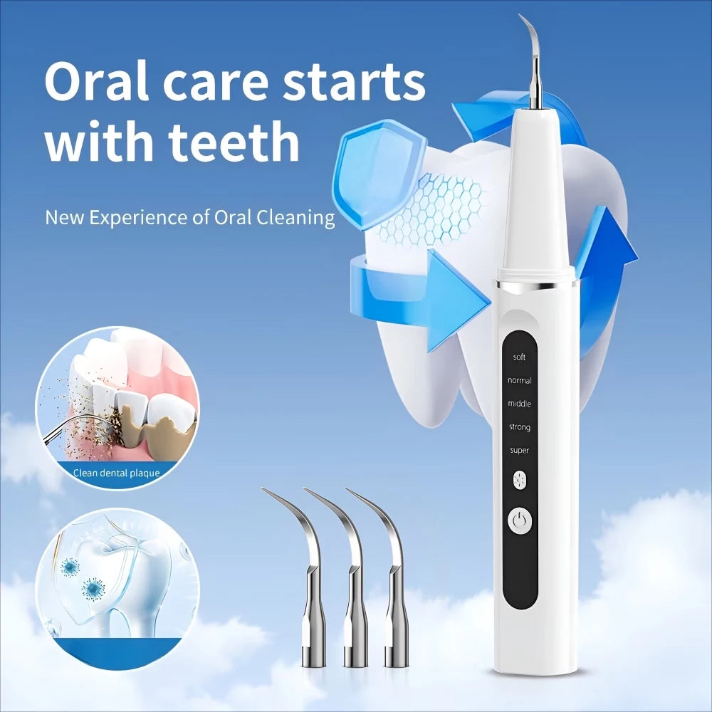 A white electric dental scaler device is shown next to various dental tools and diagrams illustrating oral care.