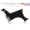 Black beard styling template and comb with a white pencil included for shaping facial hair.
