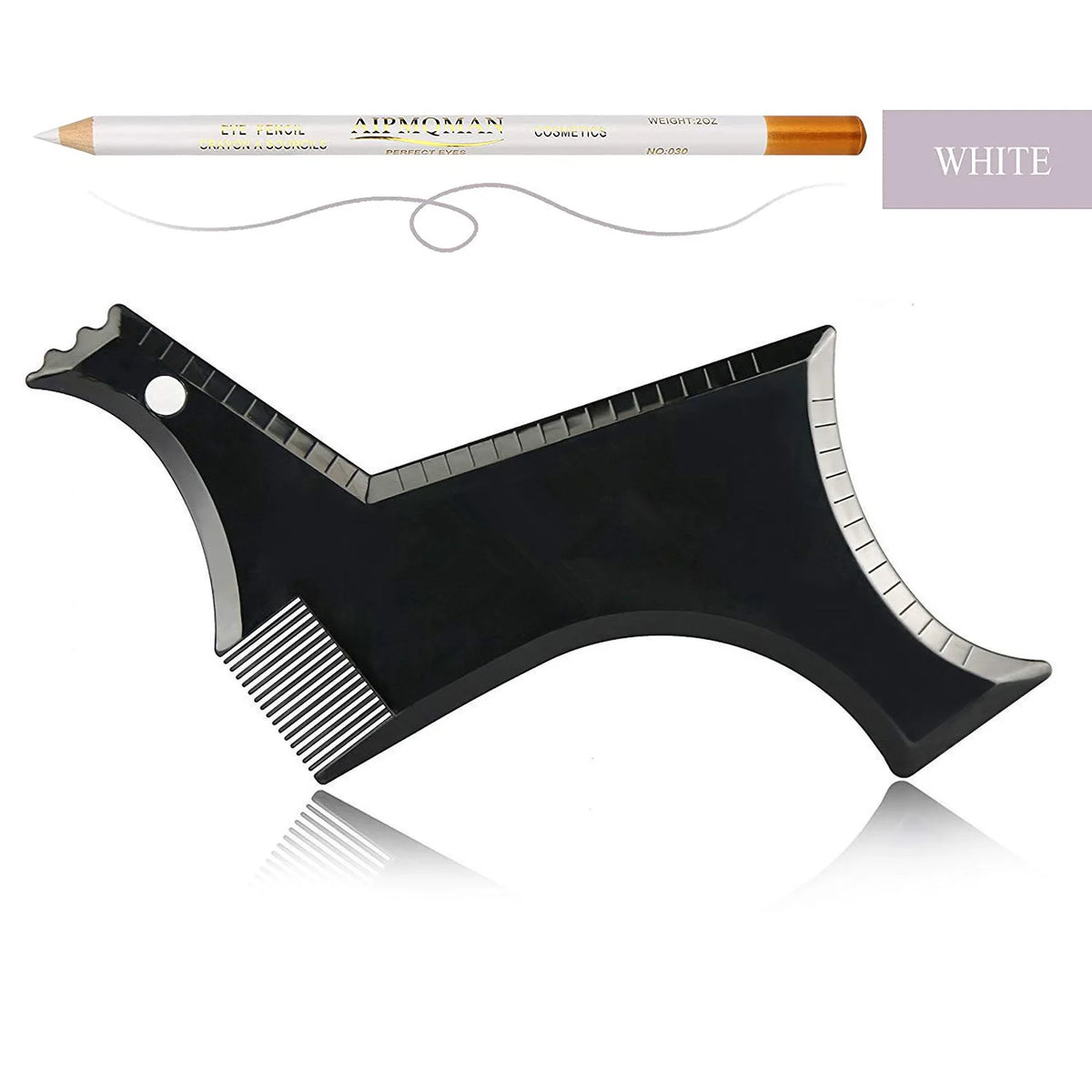 Black beard styling template and comb with a white pencil included for shaping facial hair.