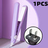 A purple mini portable flat iron hair straightener and curler shown next to an inset view of the heating plates.