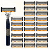 A set of classic multi-blade safety razor cartridges and a handle shown in various arrangements.