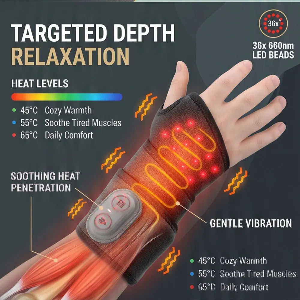 A hand wearing a heated wrist support device with LED beads and gentle vibration for targeted depth relaxation.