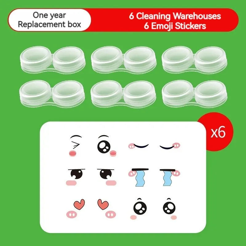 A set of six cleaning warehouses and six emoji stickers for a contact lens cleaning case replacement box.