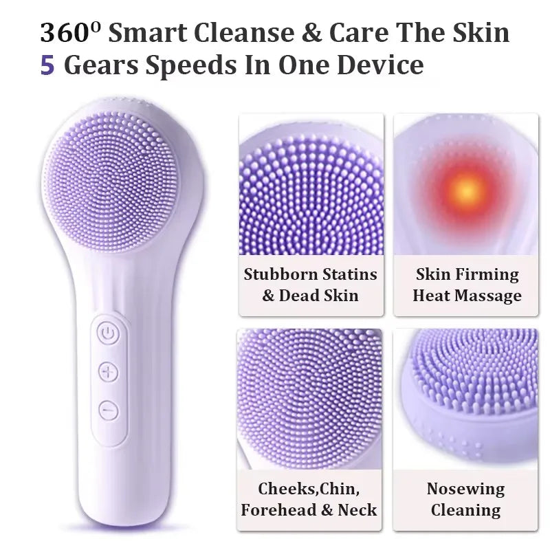 A white electric facial cleansing brush with five different silicone heads for various skin treatments.