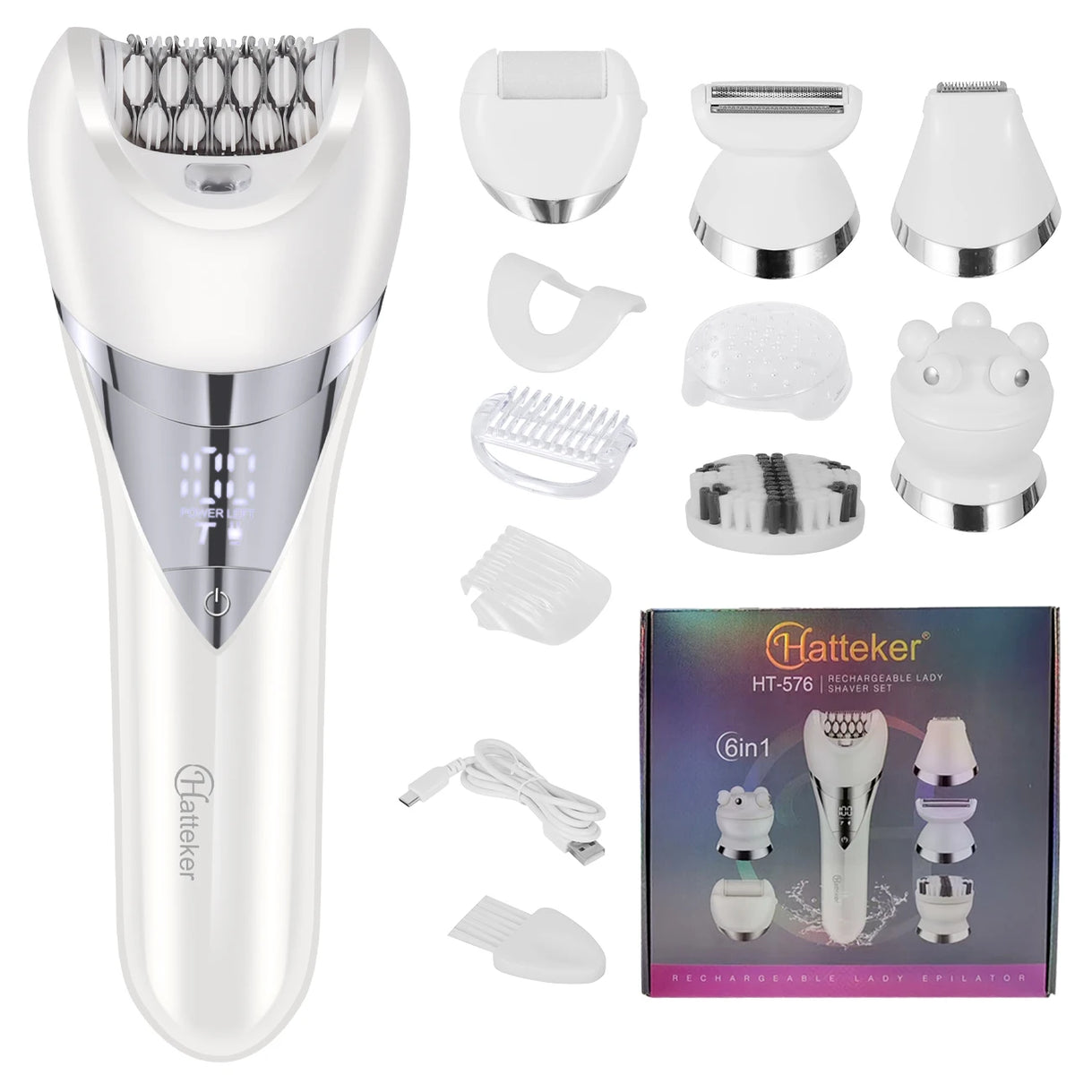A white 6-in-1 portable electric hair remover set showing various attachments for facial and body hair removal.