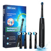 A box and several replacement heads of a black rechargeable electric toothbrush are shown next to the main brush.