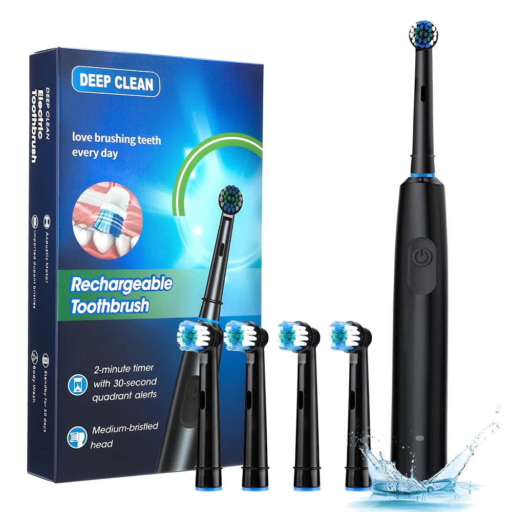 A box and several replacement heads of a black rechargeable electric toothbrush are shown next to the main brush.