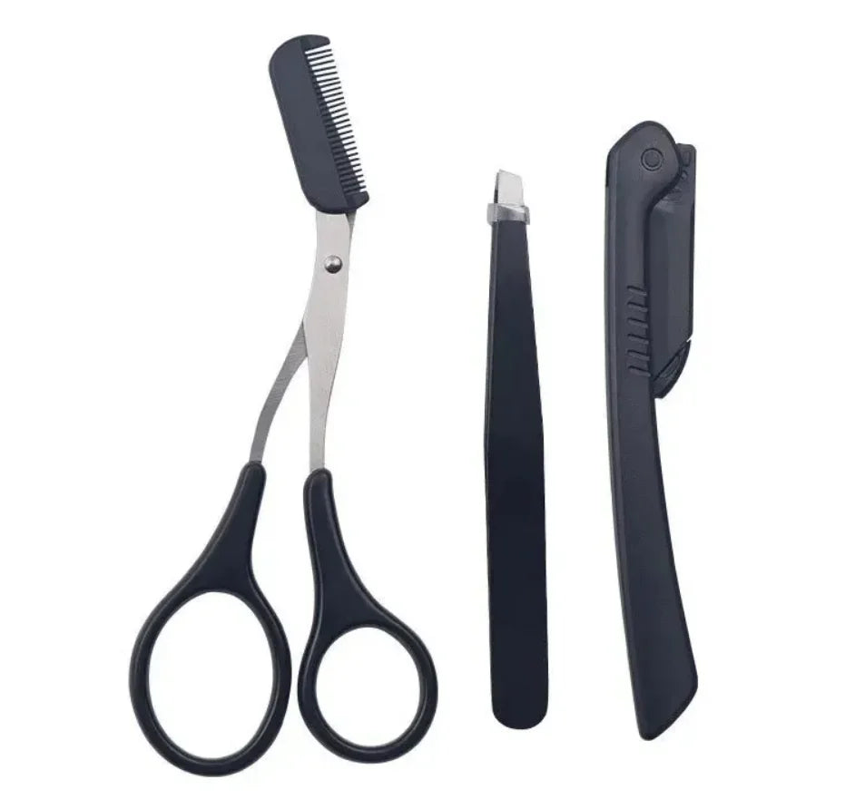 Stainless steel eyebrow trimmer kit showing a pair of tweezers and a grooming tool.