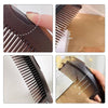 Close-up shots of a brown self-cleaning dandruff relief comb showing the teeth and texture for scalp massage.