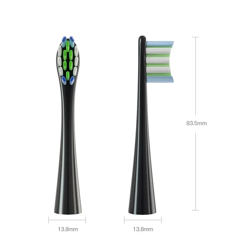 A black replacement bristle head for a sonic toothbrush with a light blue silicone cap and a green-tipped brush.