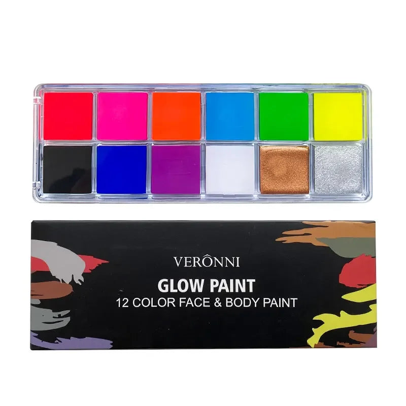 A rectangular box of Verönni Glow Paint featuring 12 colors for face and body paint.