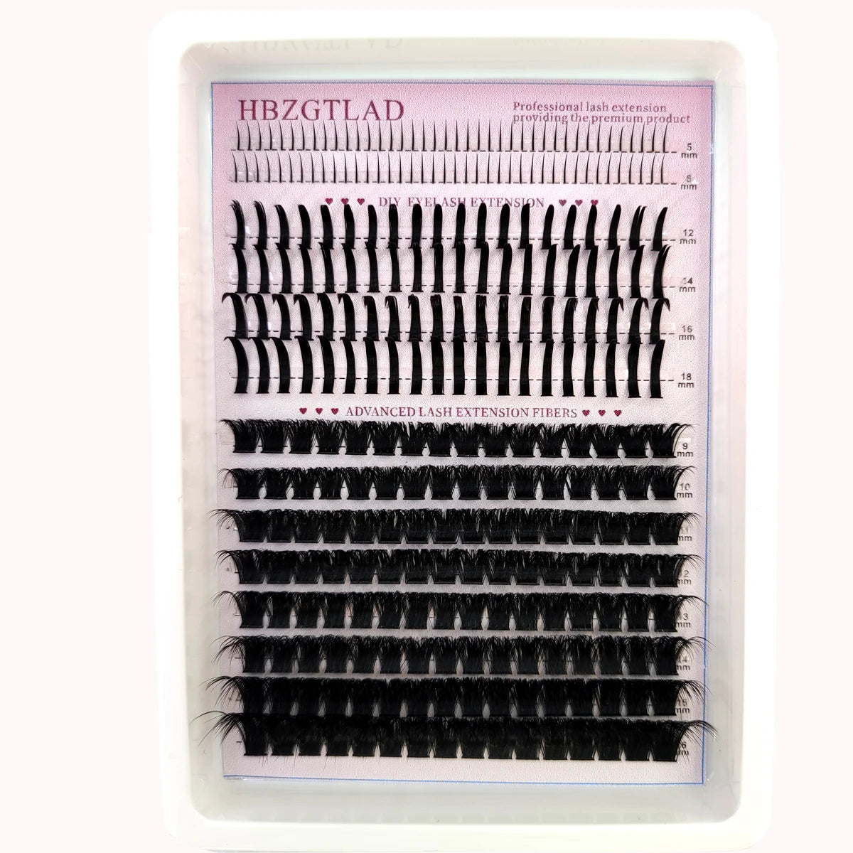 A sheet of HBZGTLAD professional lash extension fibers showing various lengths and clusters for eyelash extensions.