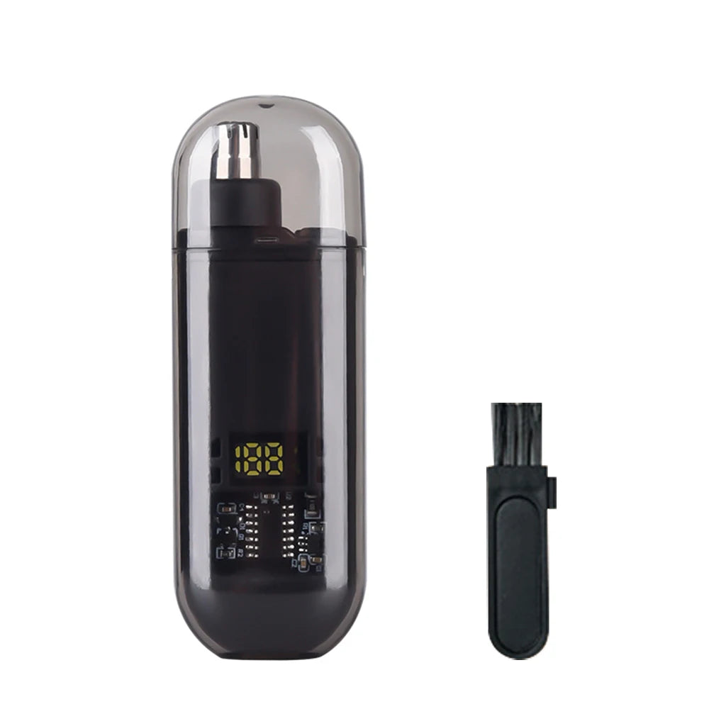 A black portable rechargeable nose hair trimmer with a clear protective cap and a detachable trimmer head.