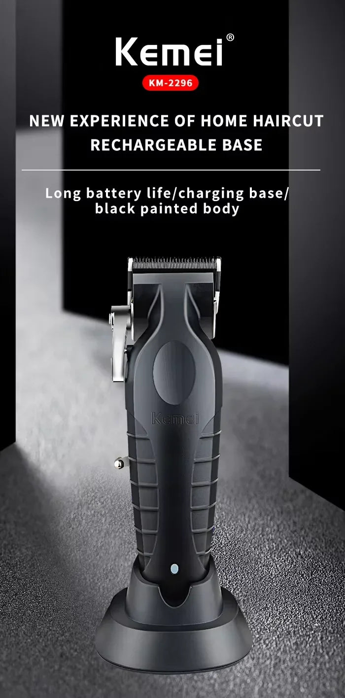 A black rechargeable hair clipper grooming kit with a long battery life and charging base shown against a dark background.