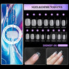 Affichage des différentes tailles et dimensions de pointes de ongles givrées pour ongles acryliques.