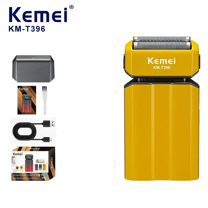 Yellow Kemei KM-T396 electric foil shaver with charging base and accessories