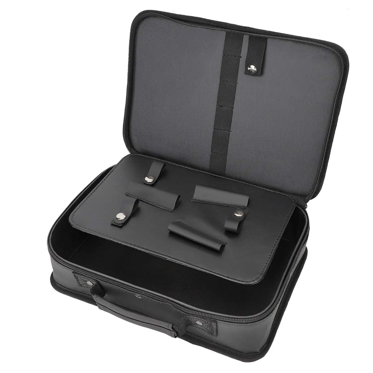 A black professional barber tool storage bag with a hinged lid and interior compartments.