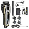 A Kemei 80 Power cordless professional hair trimmer with various attachments and a comb shown in detail.