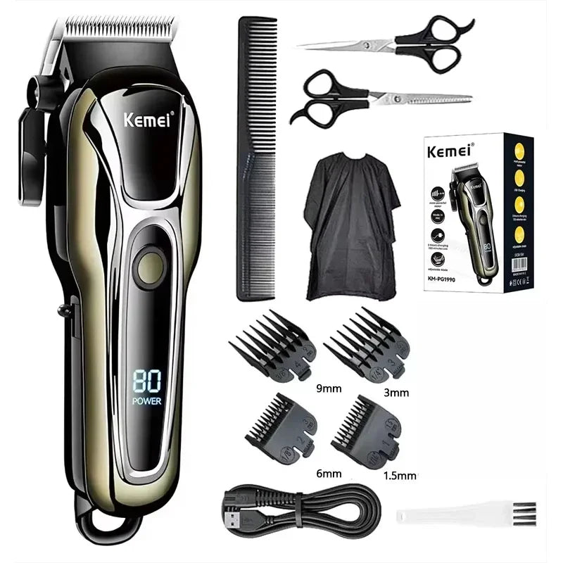 A Kemei 80 Power cordless professional hair trimmer with various attachments and a comb shown in detail.