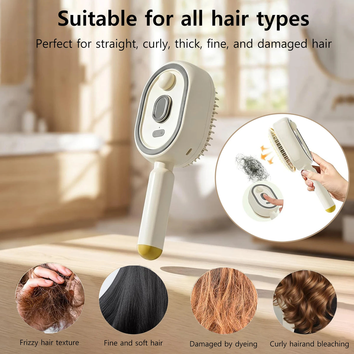 A white rechargeable electric spray hair brush is shown next to examples of various hair textures including frizzy, fine, and