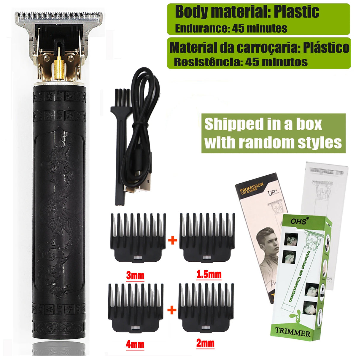 Black plastic electric hair shaver trimmer with various guard attachments and charging cable
