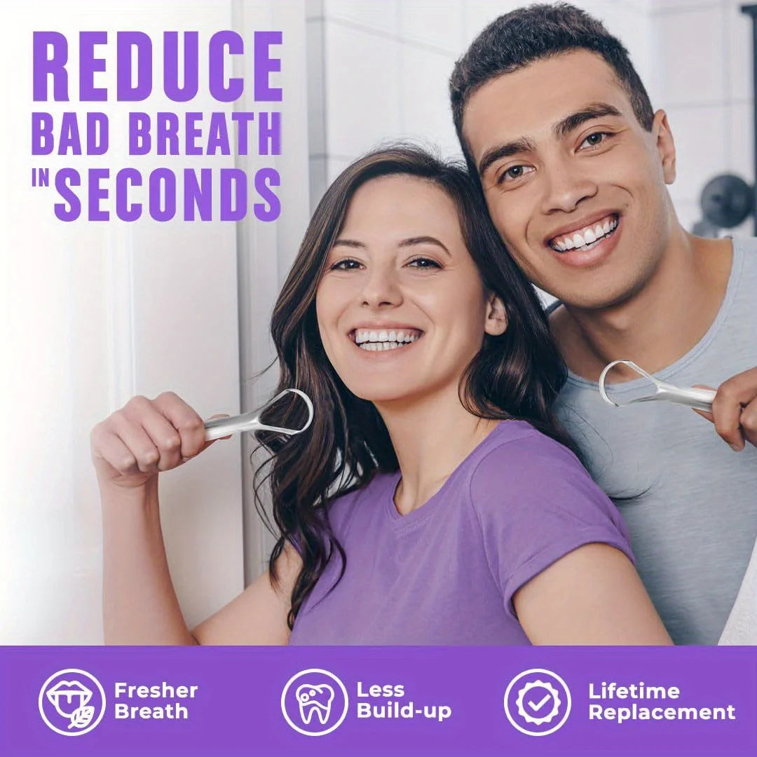 A woman and a man smiling while using a portable stainless steel tongue scraper set for fresher breath.