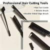 A collection of professional hair cutting tools including a rat tail comb, bristle brush, and double sided edge brush.