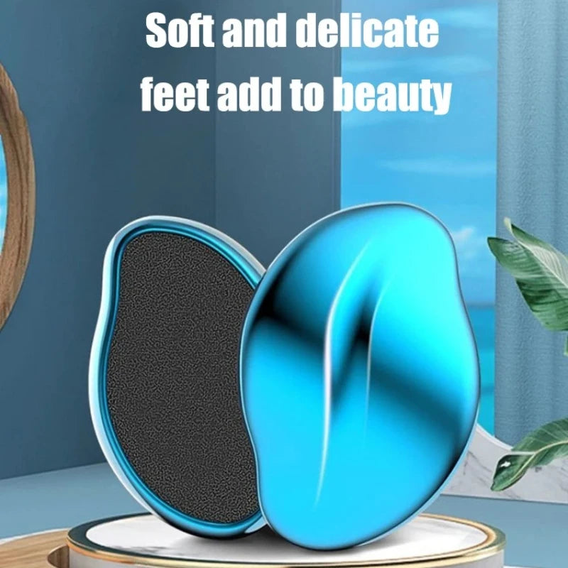 A blue glass foot file tool is shown on a white stand, highlighting its smooth, oval shape.