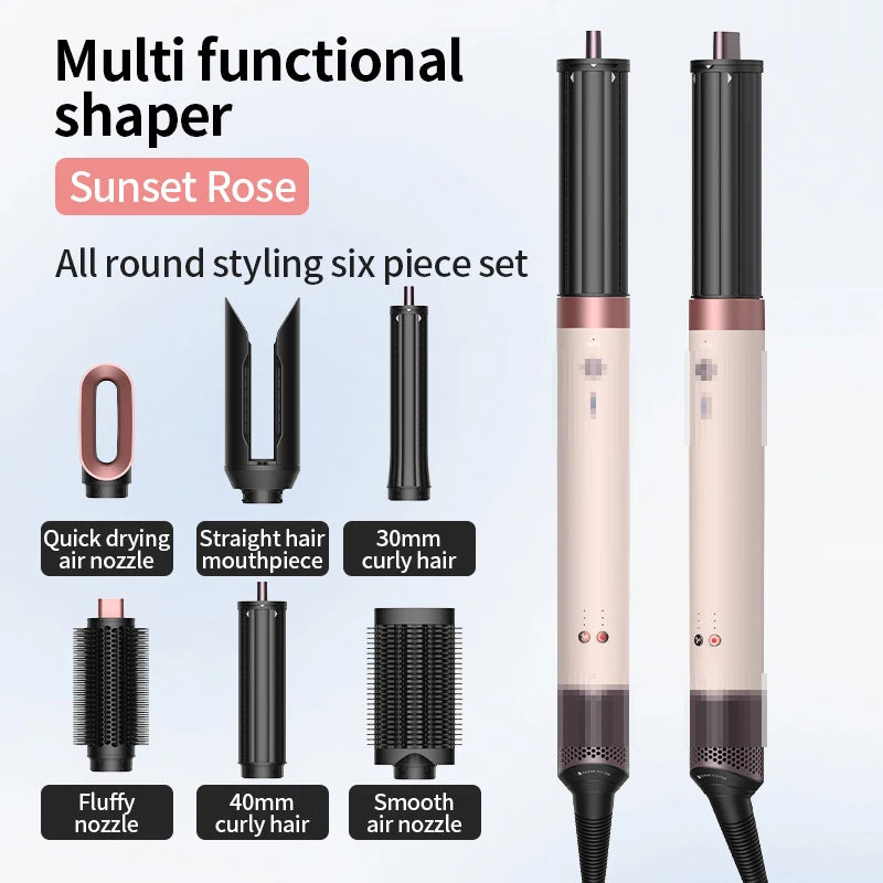 A set of six multi functional hair shapers and dryers in a rose gold color, including straight and curly hair tools.