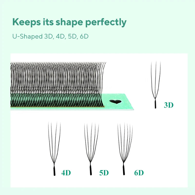 مخطط يوضح رموش اصطناعية على شكل حرف U بأقطار مختلفة: 3D، و4D، و5D، و6D.