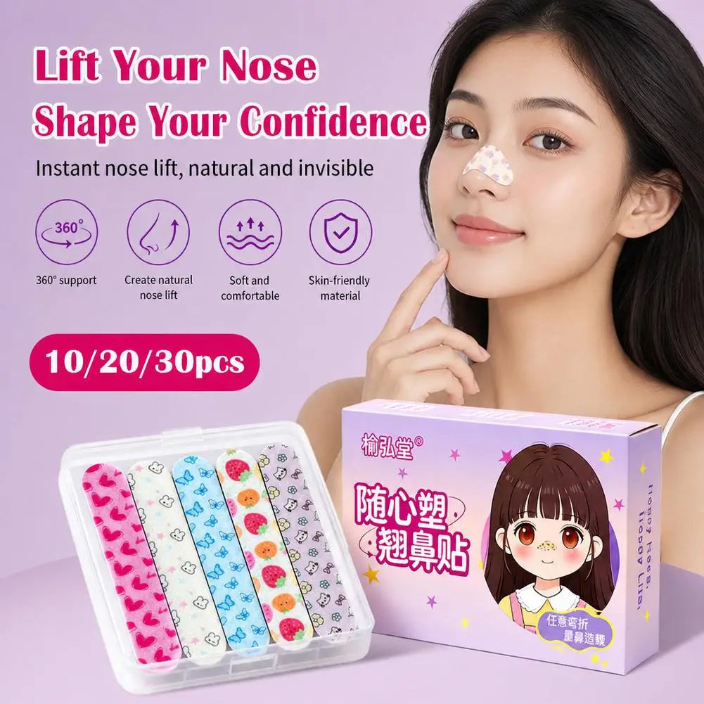A woman applies invisible nose lifting patches to her face, with a box of 30 patches visible.